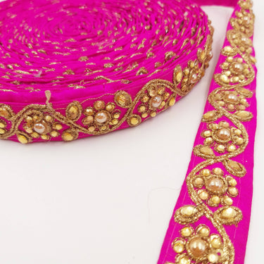 Fuchsia Pink Silk Fabric Lace Trim Floral Embroidery & Indian Stones Kundan Embellishment, Decorative Sari Trim, Floral Border Trim By Yard